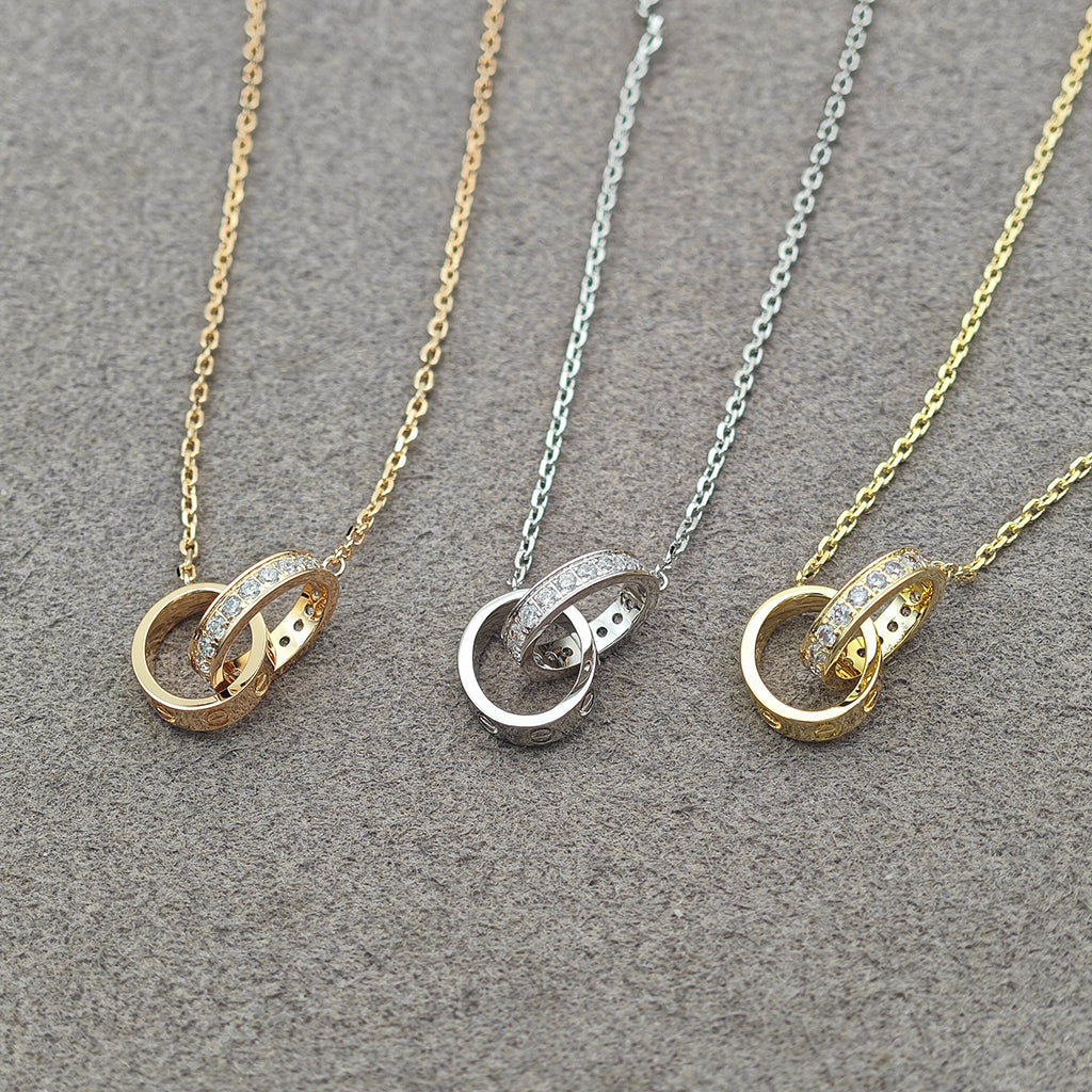[ElanLuxe Jewelry]LOVE DOUBLE RING HALF DIAMOND NECKLACE