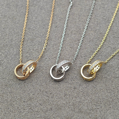 [ElanLuxe Jewelry]LOVE DOUBLE RING HALF DIAMOND NECKLACE