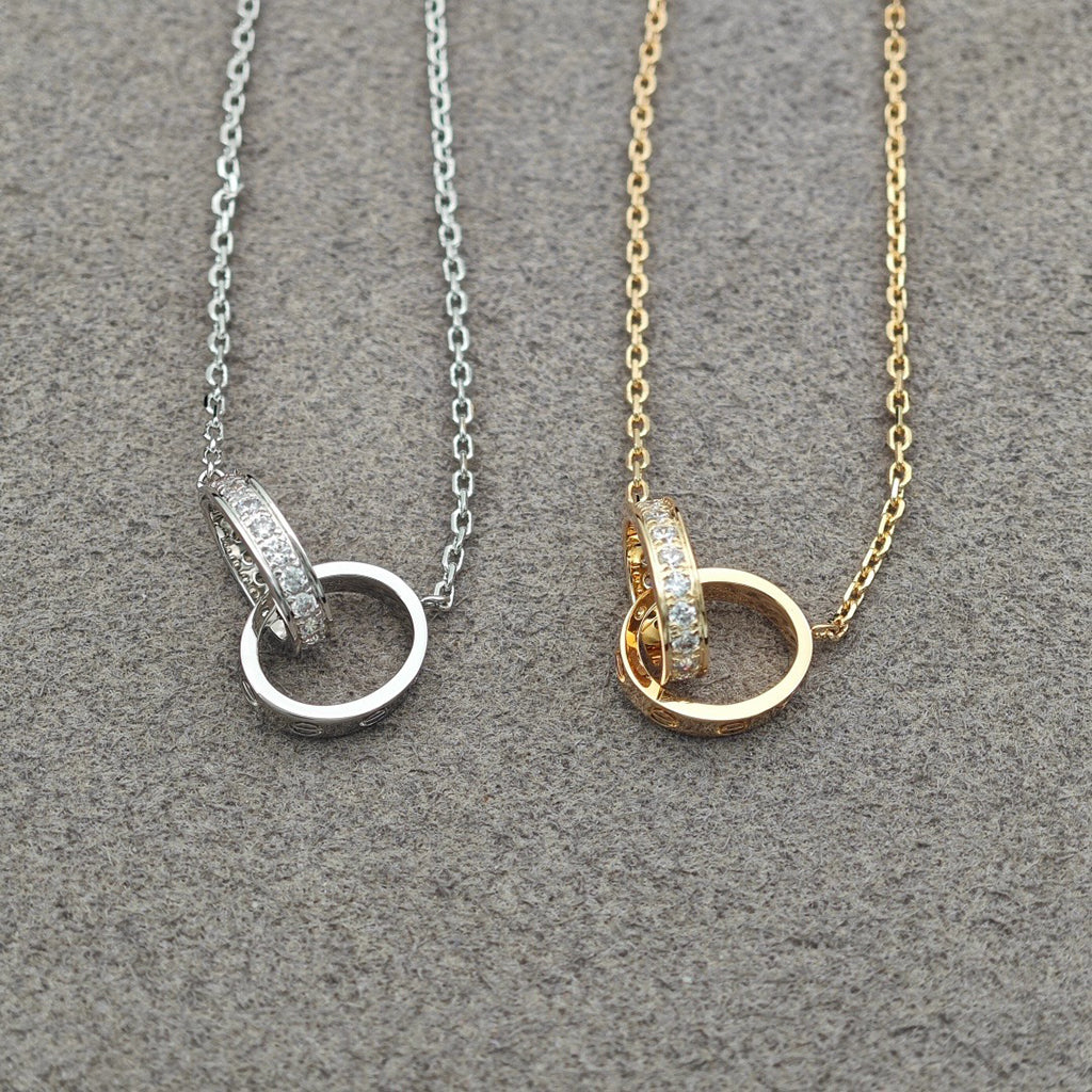 [ElanLuxe Jewelry]LOVE DOUBLE RING HALF DIAMOND NECKLACE