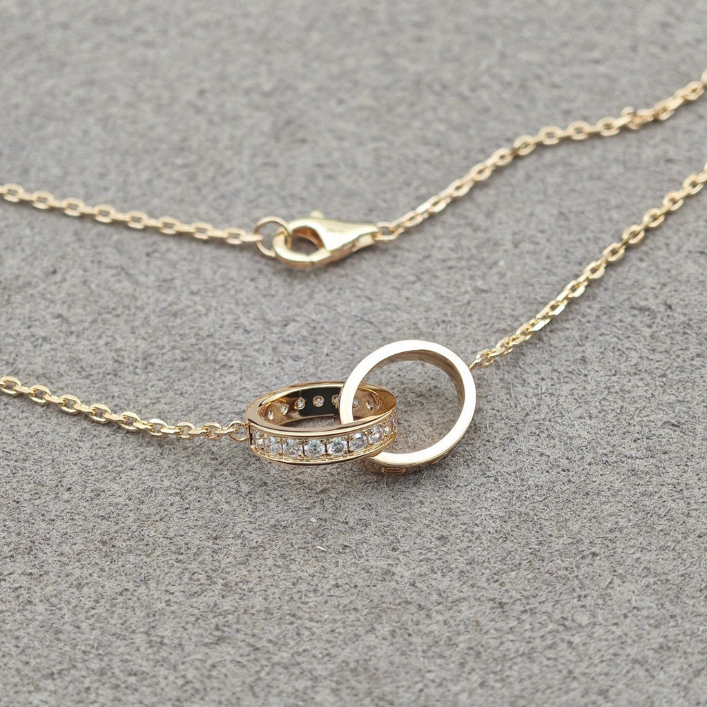 [ElanLuxe Jewelry]LOVE DOUBLE RING HALF DIAMOND NECKLACE