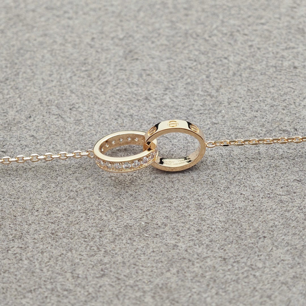 [ElanLuxe Jewelry]LOVE DOUBLE RING HALF DIAMOND NECKLACE