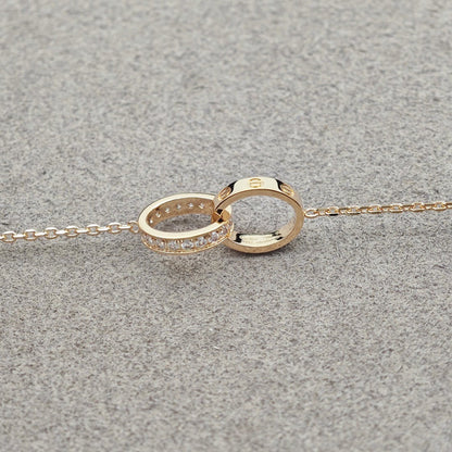 [ElanLuxe Jewelry]LOVE DOUBLE RING HALF DIAMOND NECKLACE