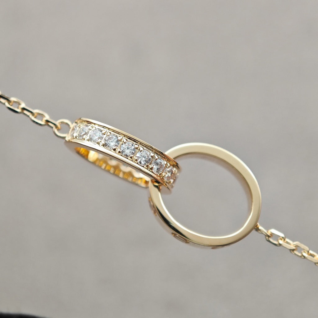 [ElanLuxe Jewelry]LOVE DOUBLE RING HALF DIAMOND NECKLACE