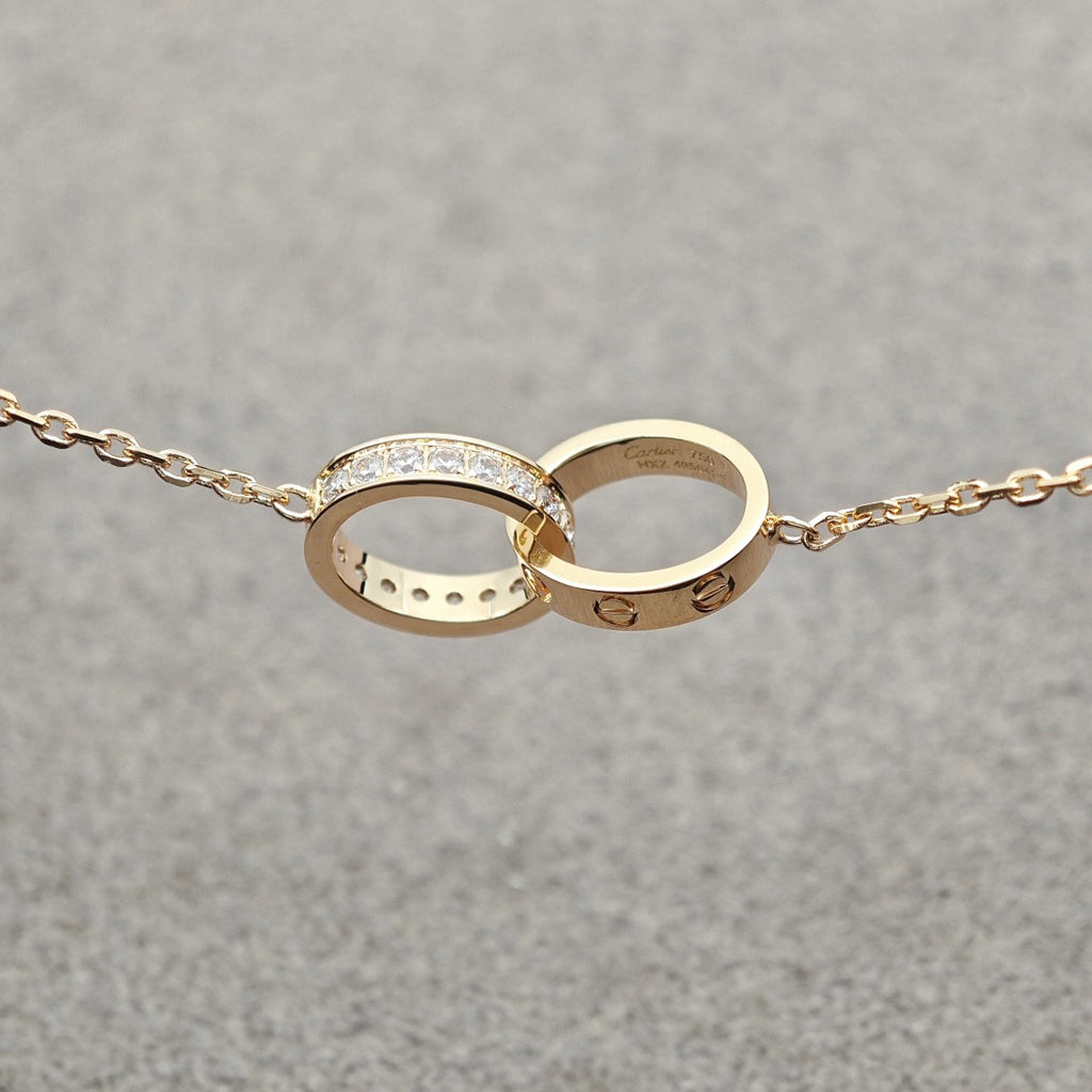 [ElanLuxe Jewelry]LOVE DOUBLE RING HALF DIAMOND NECKLACE