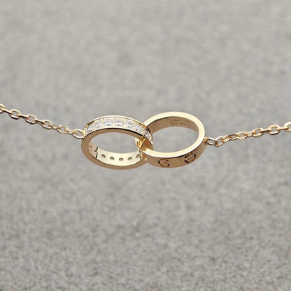[ElanLuxe Jewelry]LOVE DOUBLE RING HALF DIAMOND NECKLACE