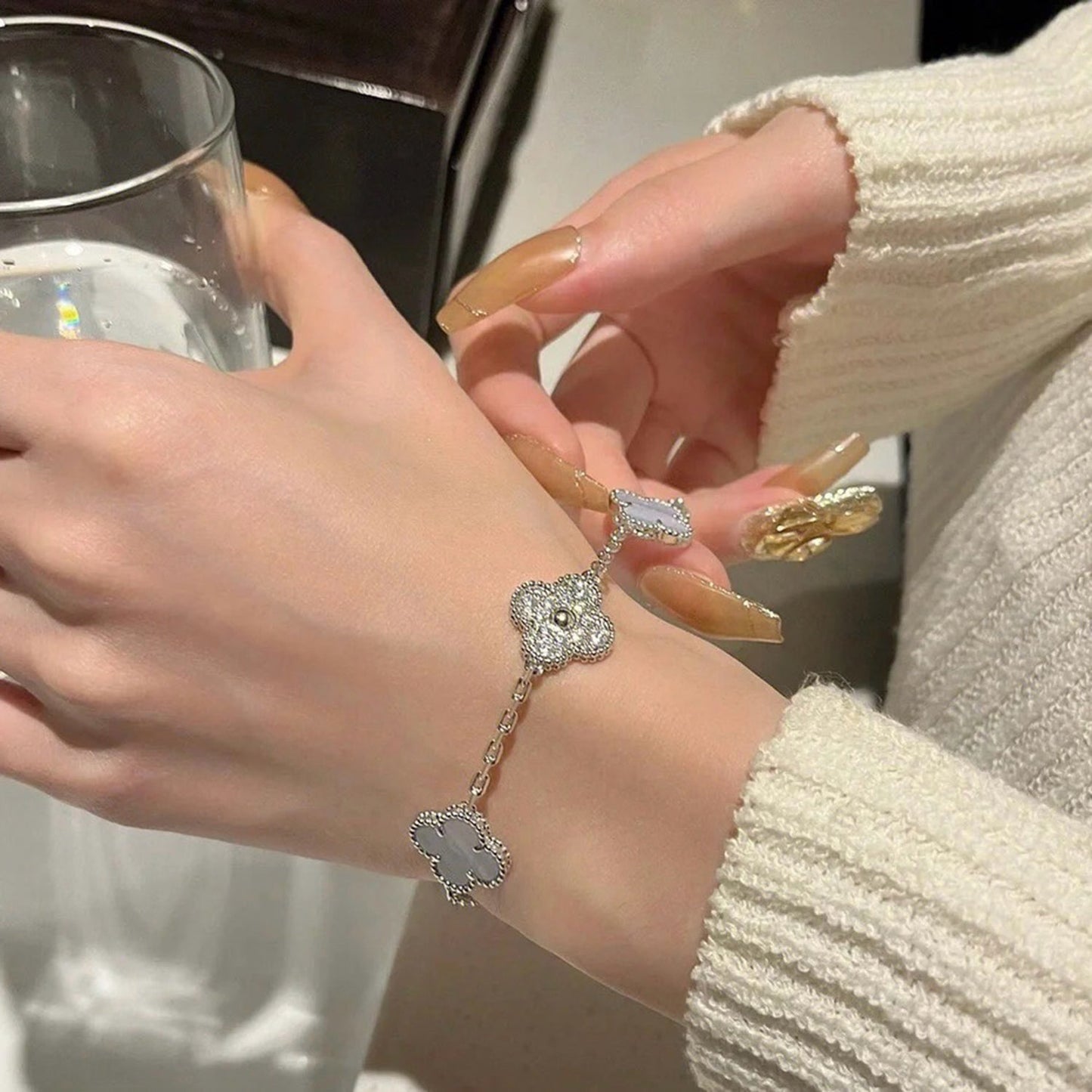 [ElanLuxe Jewelry]CLOVER  5 MOTIF DIAMOND PURPLE CHALCEDONY BRACELET SILVER