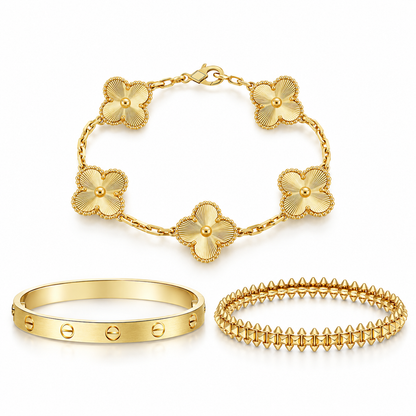 [ElanLuxe Jewelry] CLASH & Clover Laser 5-Motif & LOVE Brushed Bracelet Stack Set