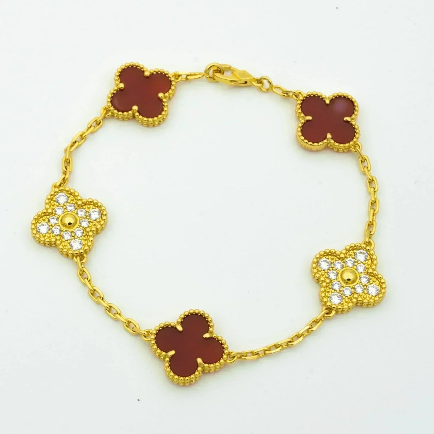 [ElanLuxe Jewelry]CLOVER 5 MOTIFS CARNELIAN DIAMOND BRACELET