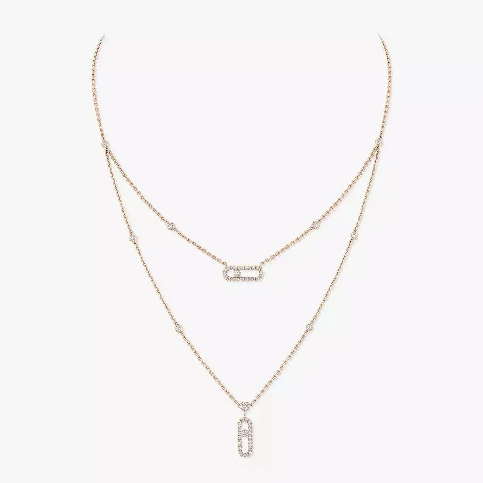 [ElanLuxe Jewelry]2 Rows Rose Gold Diamond Pave_ Necklace Move Uno