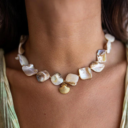 [ElanLuxe]Aquamarine Seashell Necklace