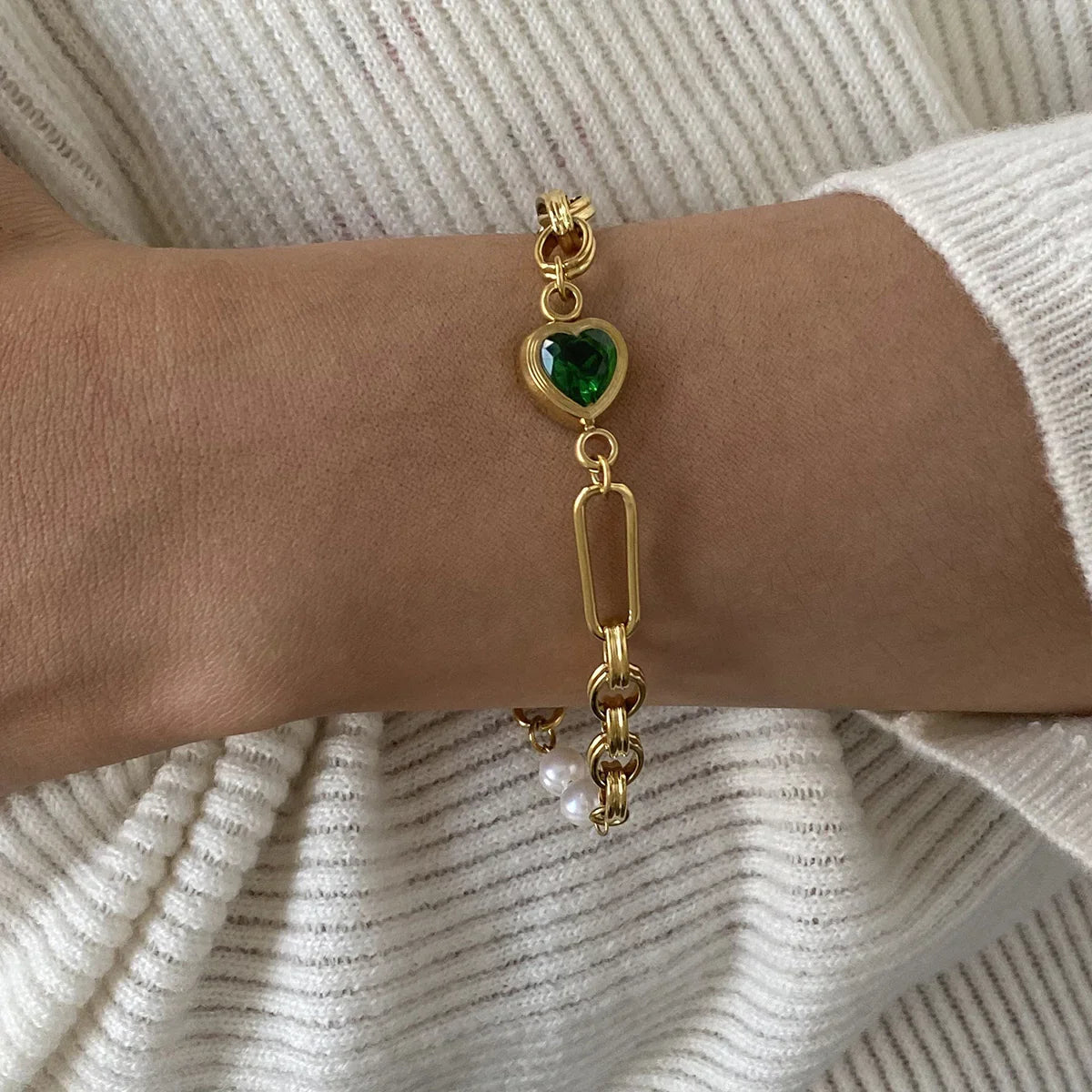 [ElanLuxe]Maddison Pearl Chain Gold Bracelet