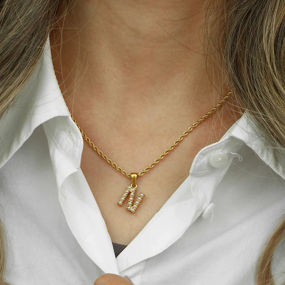 [ElanLuxe]Elodie Initial Letter Pearl Necklace