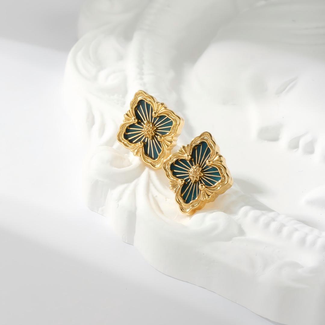 [ElanLuxe Jewelry JEWELRY]OPERA TULLE GOLD BUTTON EARRINGS ENAMELED ELEMENT