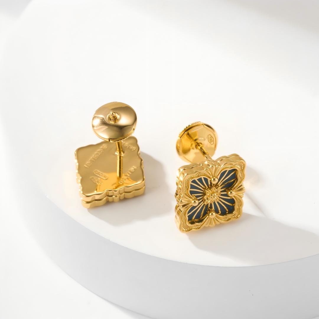 [ElanLuxe Jewelry JEWELRY]OPERA TULLE GOLD BUTTON EARRINGS ENAMELED ELEMENT