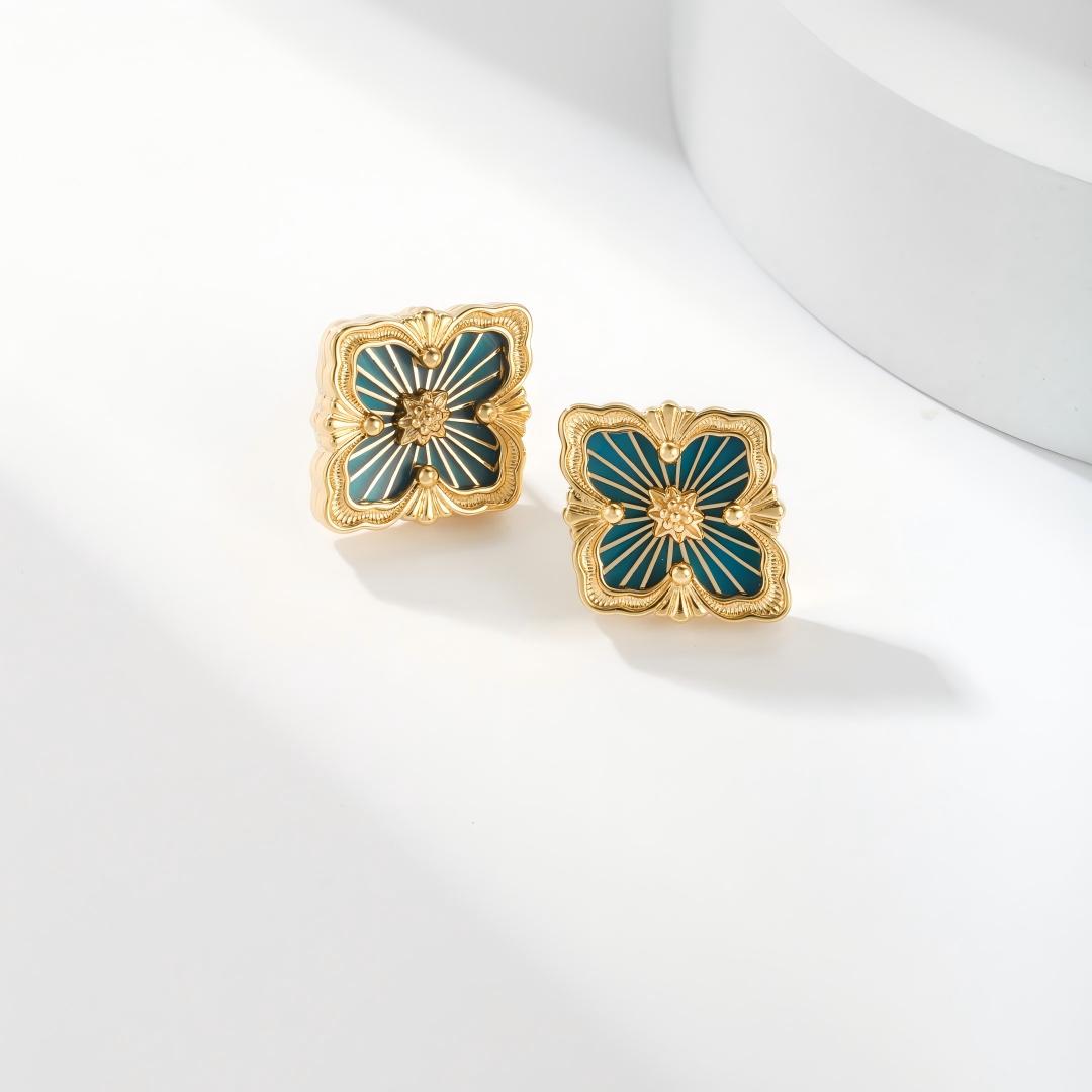 [ElanLuxe Jewelry JEWELRY]OPERA TULLE GOLD BUTTON EARRINGS ENAMELED ELEMENT