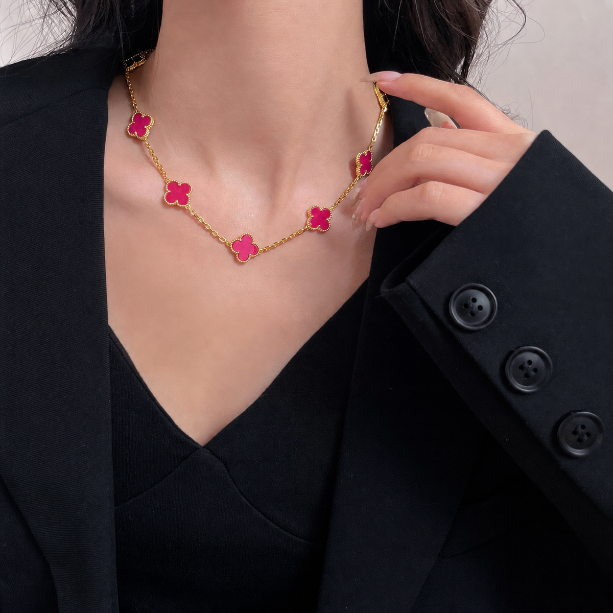 [ElanLuxe Jewelry]NEW CLOVER 10 MOTIFS PINK ENAMEL NECKLACE