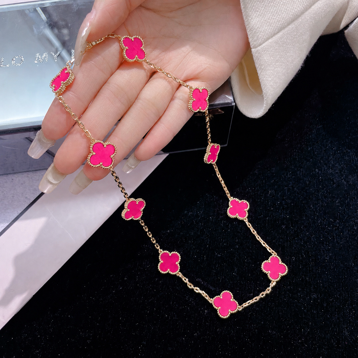 [ElanLuxe Jewelry]NEW CLOVER 10 MOTIFS PINK ENAMEL NECKLACE