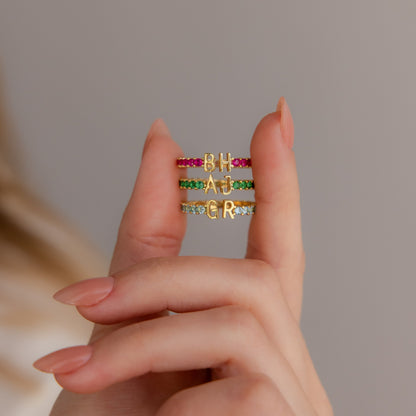 Duo Initial Birthstone Tennis Ring