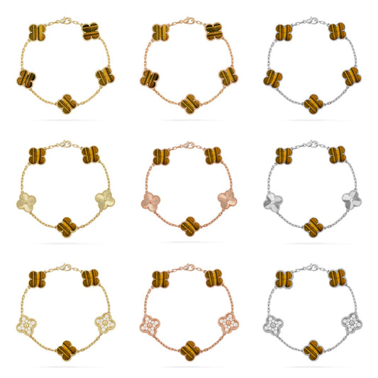 [ElanLuxe Jewelry] CLOVER 5 MOTIFS TIGER EYE BRACELET COLLECTION