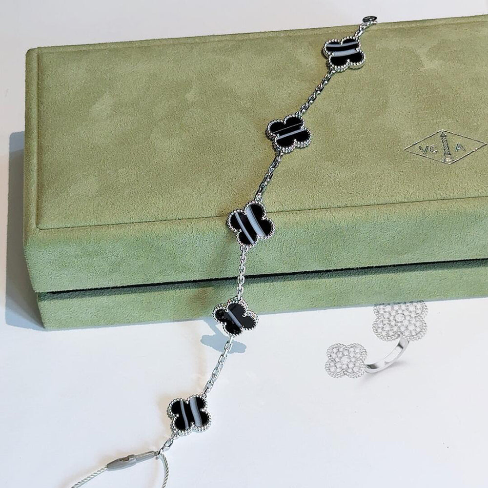 [ElanLuxe Jewelry]CLOVER 5 MOTIF VEINED ONYX BRACELET SILVER