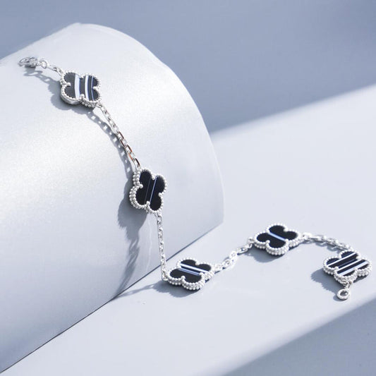 [ElanLuxe Jewelry]CLOVER 5 MOTIF VEINED ONYX BRACELET SILVER