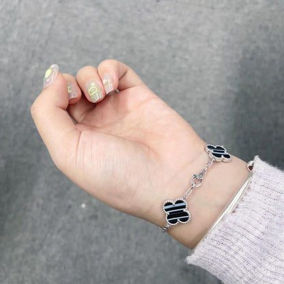 [ElanLuxe Jewelry]CLOVER 5 MOTIF VEINED ONYX BRACELET SILVER