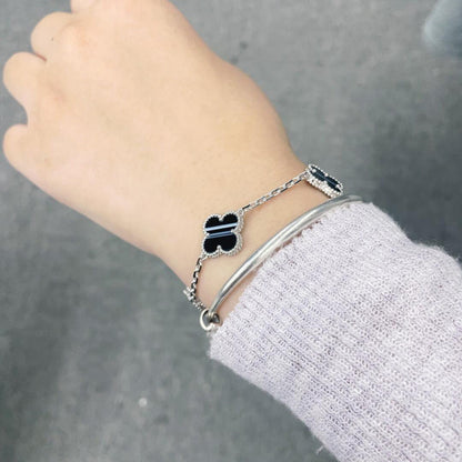 [ElanLuxe Jewelry]CLOVER 5 MOTIF VEINED ONYX BRACELET SILVER