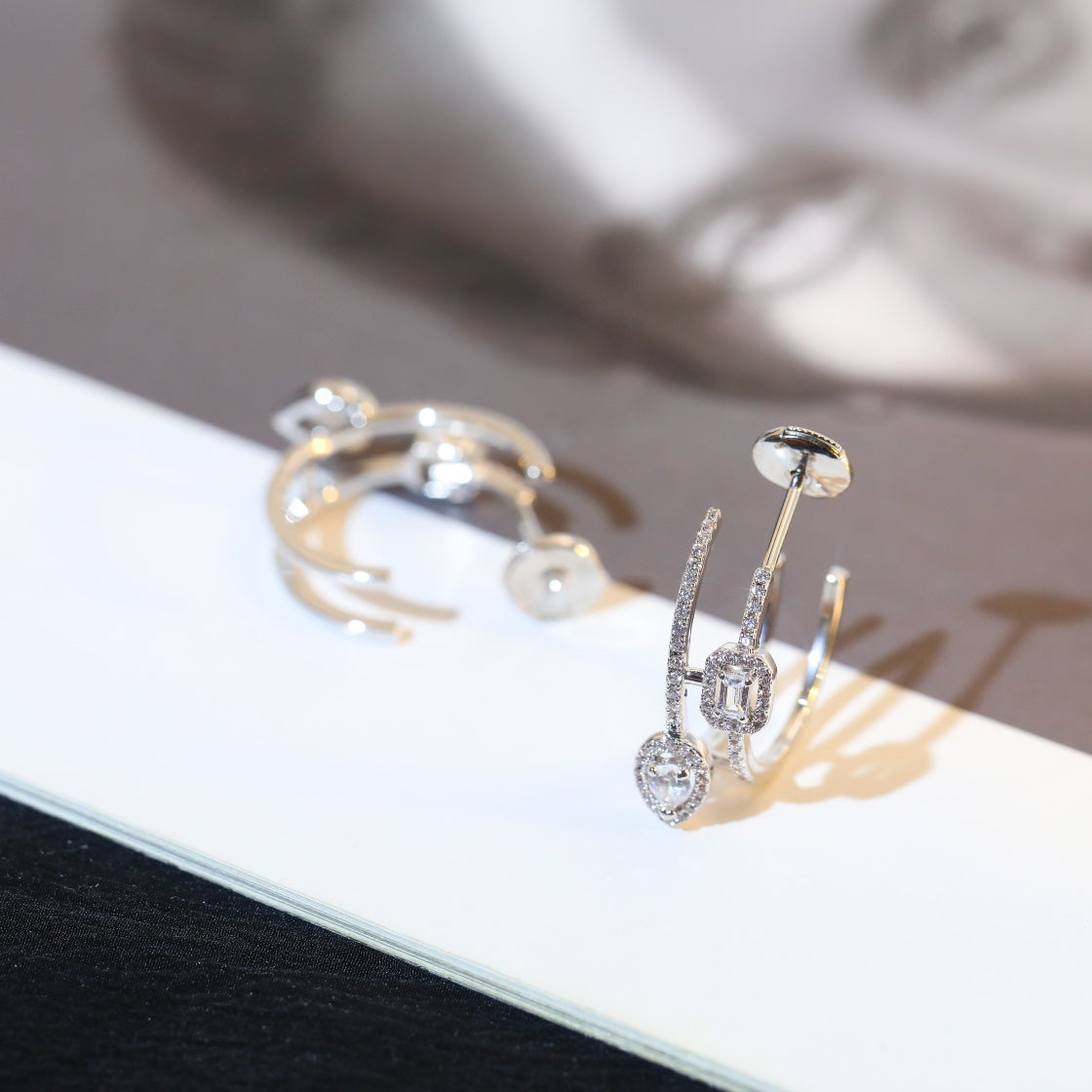 [ElanLuxe Jewelry]CREOLES MY TWIN 2 RANGS SILVER DIAMOND EARRINGS