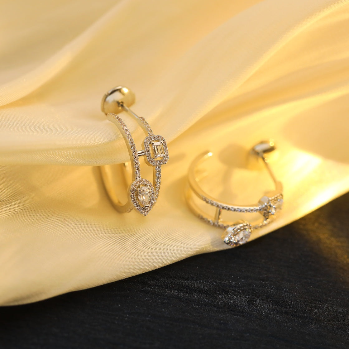 [ElanLuxe Jewelry]CREOLES MY TWIN 2 RANGS SILVER DIAMOND EARRINGS