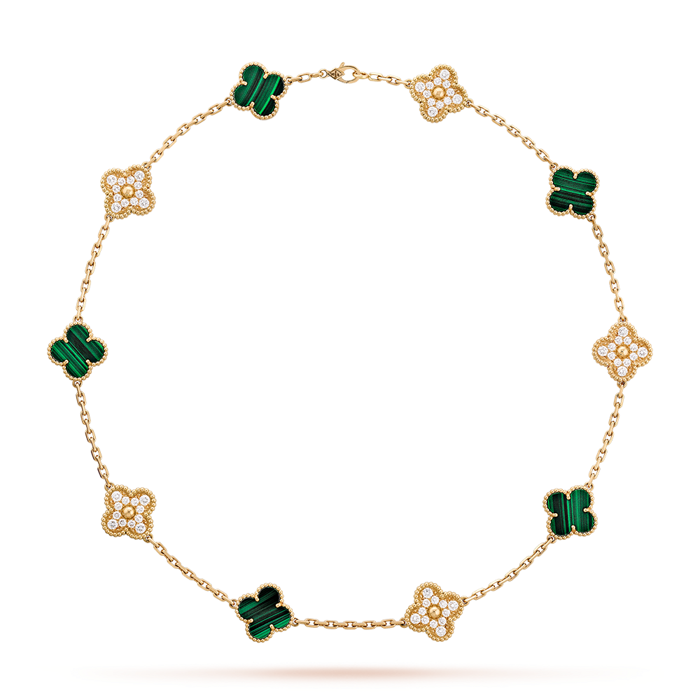 [ElanLuxe Jewelry]CLOVER 10 MOTIFS MALACHITE DIAMOND NECKLACE