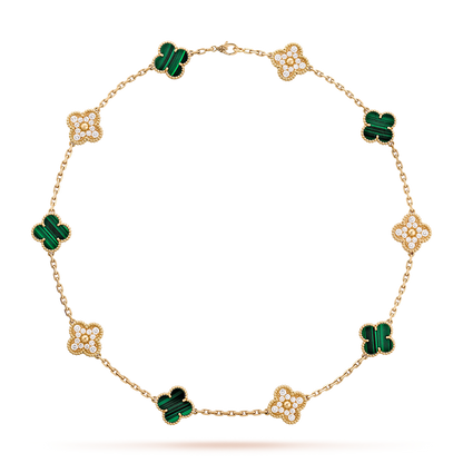 [ElanLuxe Jewelry]CLOVER 10 MOTIFS MALACHITE DIAMOND NECKLACE