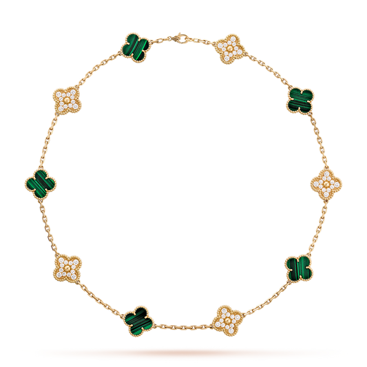 [ElanLuxe Jewelry]CLOVER 10 MOTIFS MALACHITE DIAMOND NECKLACE