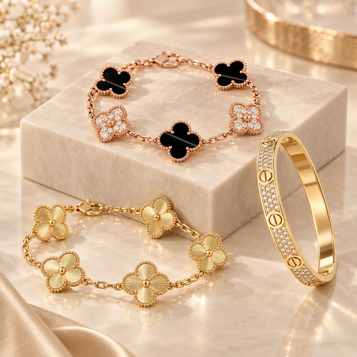 [ElanLuxe Jewelry]Clover Laser  Pulsar Stone 5-Motif & LOVE Diamond-Paved Bracelet Stack Set