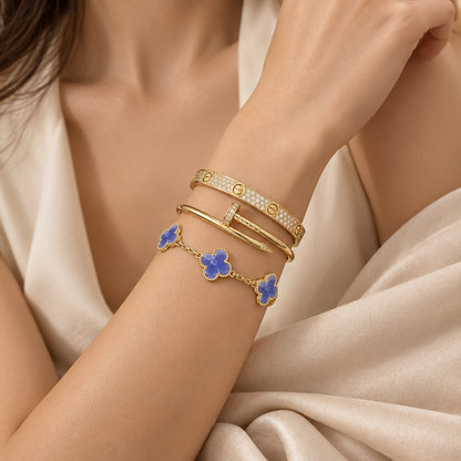 [ElanLuxe Jewelry] LOVE & JUSTE & Blue Veins Clover 5-Motif Diamond Bracelet Stack Set