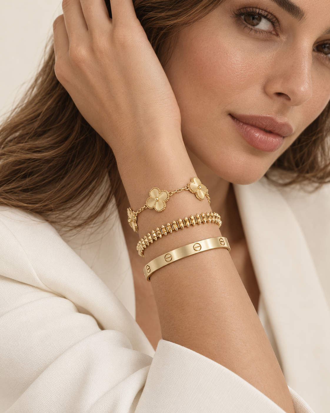 [ElanLuxe Jewelry] CLASH & Clover Laser 5-Motif & LOVE Brushed Bracelet Stack Set