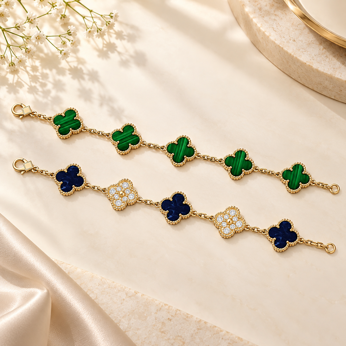 [ElanLuxe Jewelry]Clover 5-Motif Malachite & Pietersite Bracelet Stack Set