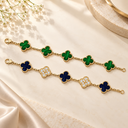 [ElanLuxe Jewelry]Clover 5-Motif Malachite & Pietersite Bracelet Stack Set