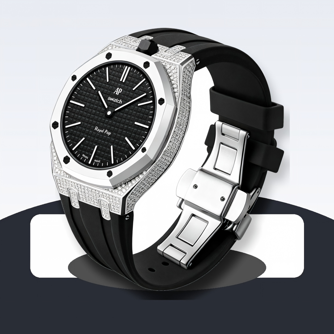 Strap For Ap Swatch Royal Oak Pop Exclusive Steel Case With Diamond(Moissanite) & Silicone Strap