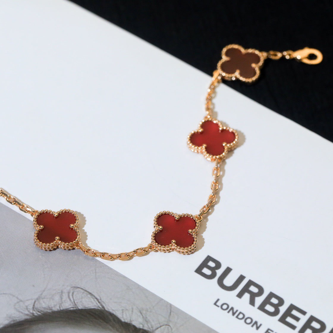 [ElanLuxe Jewelry]CLOVER 5 MOTIFS RED AGATE  BRACELET