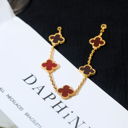 [ElanLuxe Jewelry]CLOVER 5 MOTIFS RED AGATE  BRACELET