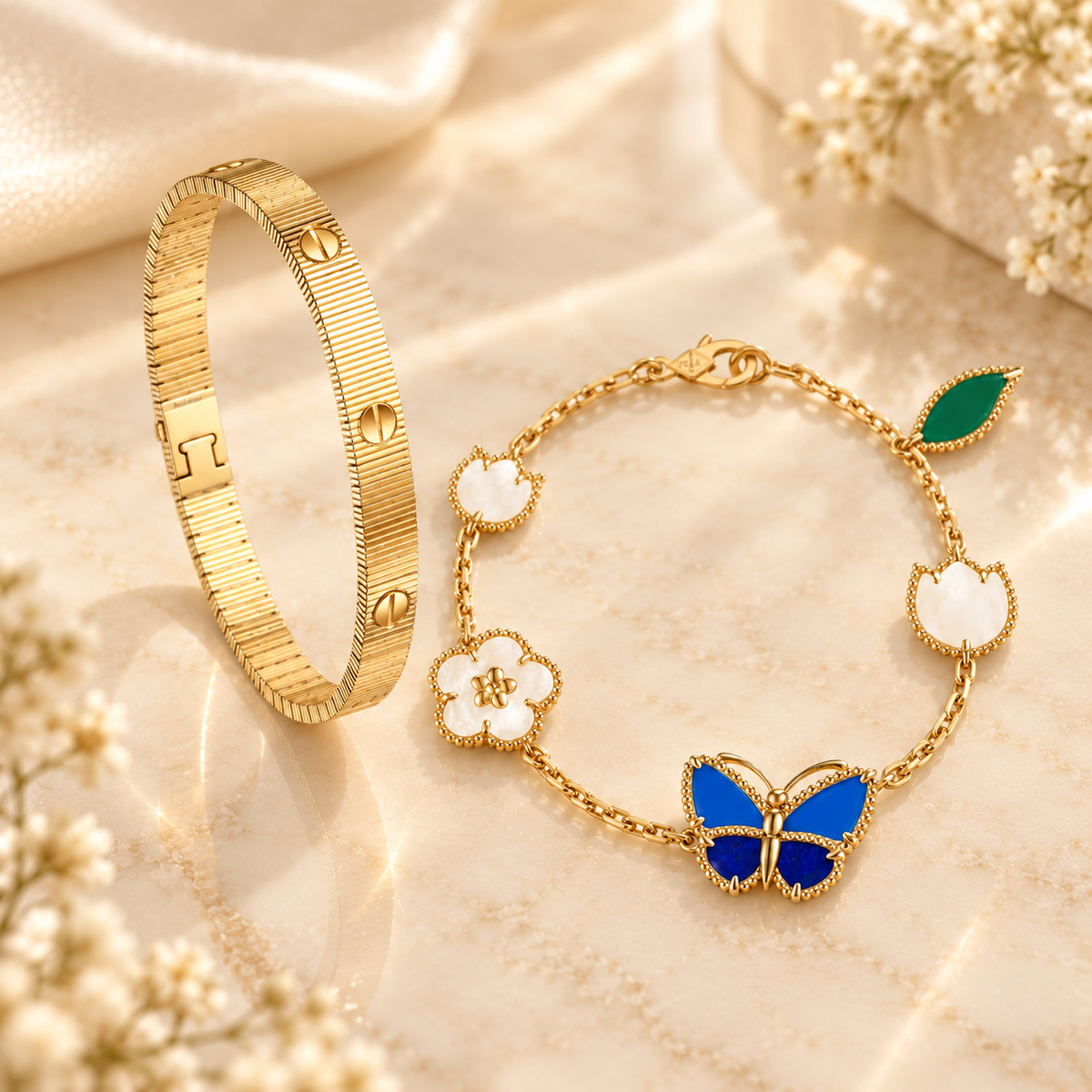 [ElanLuxe Jewelry] Lucky Spring Butterfly 5-Motif & LOVE Unlimited Bracelet Stack Set