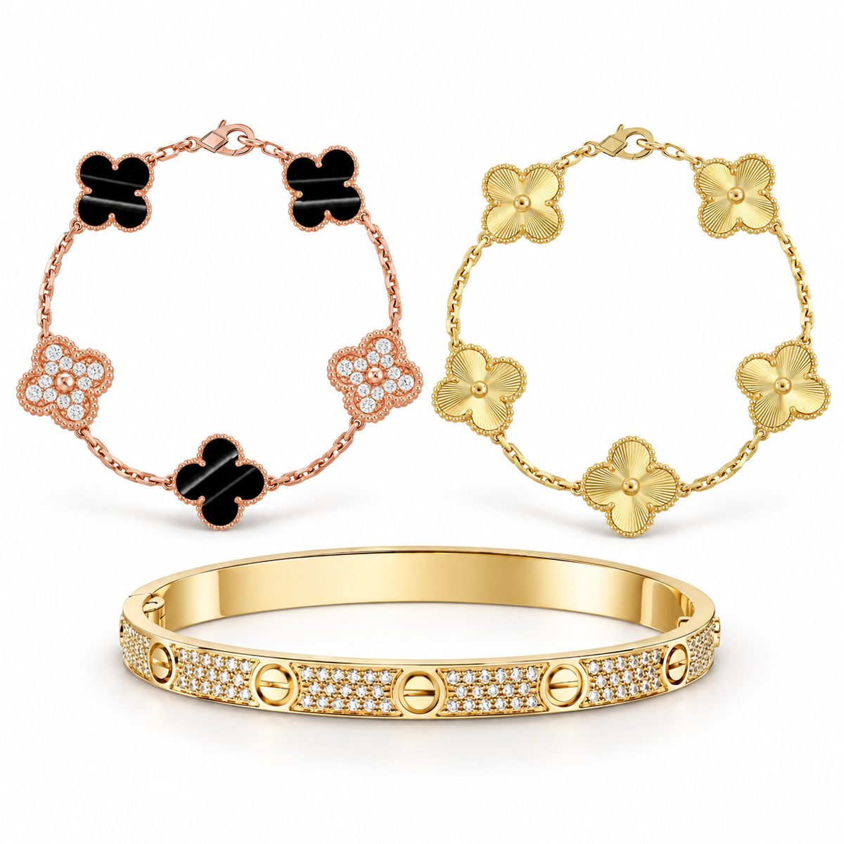 [ElanLuxe Jewelry]Clover Laser  Pulsar Stone 5-Motif & LOVE Diamond-Paved Bracelet Stack Set