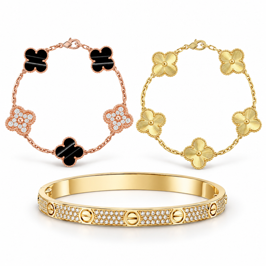 [ElanLuxe Jewelry]Clover Laser  Pulsar Stone 5-Motif & LOVE Diamond-Paved Bracelet Stack Set
