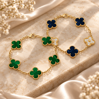[ElanLuxe Jewelry]Clover 5-Motif Malachite & Pietersite Bracelet Stack Set