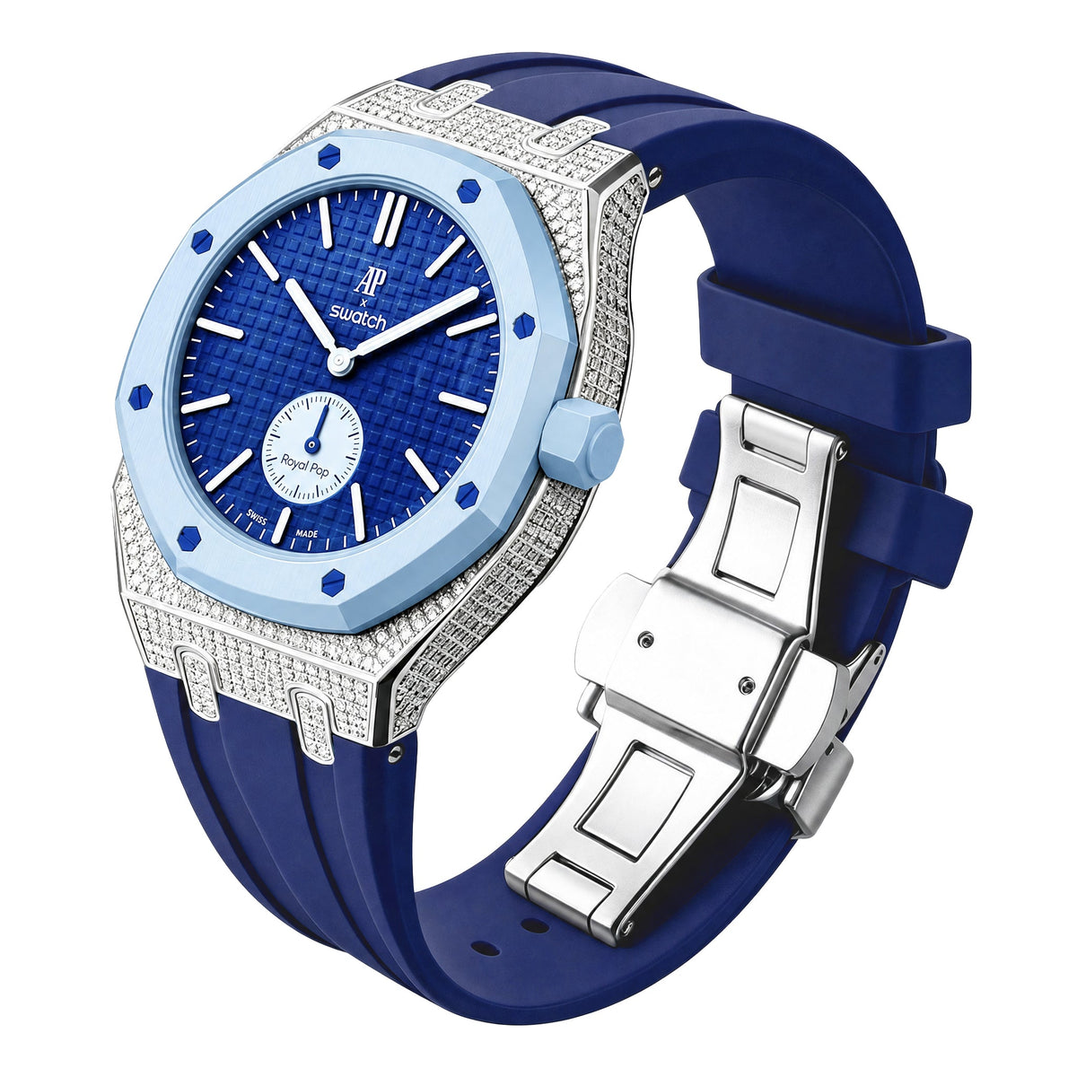 Strap For Ap Swatch Royal Oak Pop Exclusive Steel Case With Diamond(Moissanite) & Silicone Strap