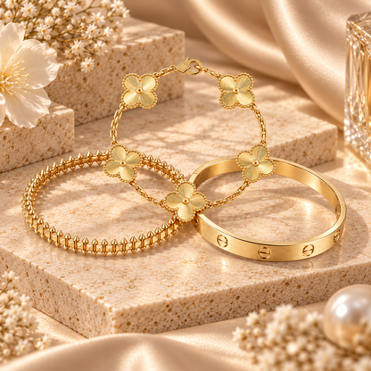 [ElanLuxe Jewelry] CLASH & Clover Laser 5-Motif & LOVE Brushed Bracelet Stack Set