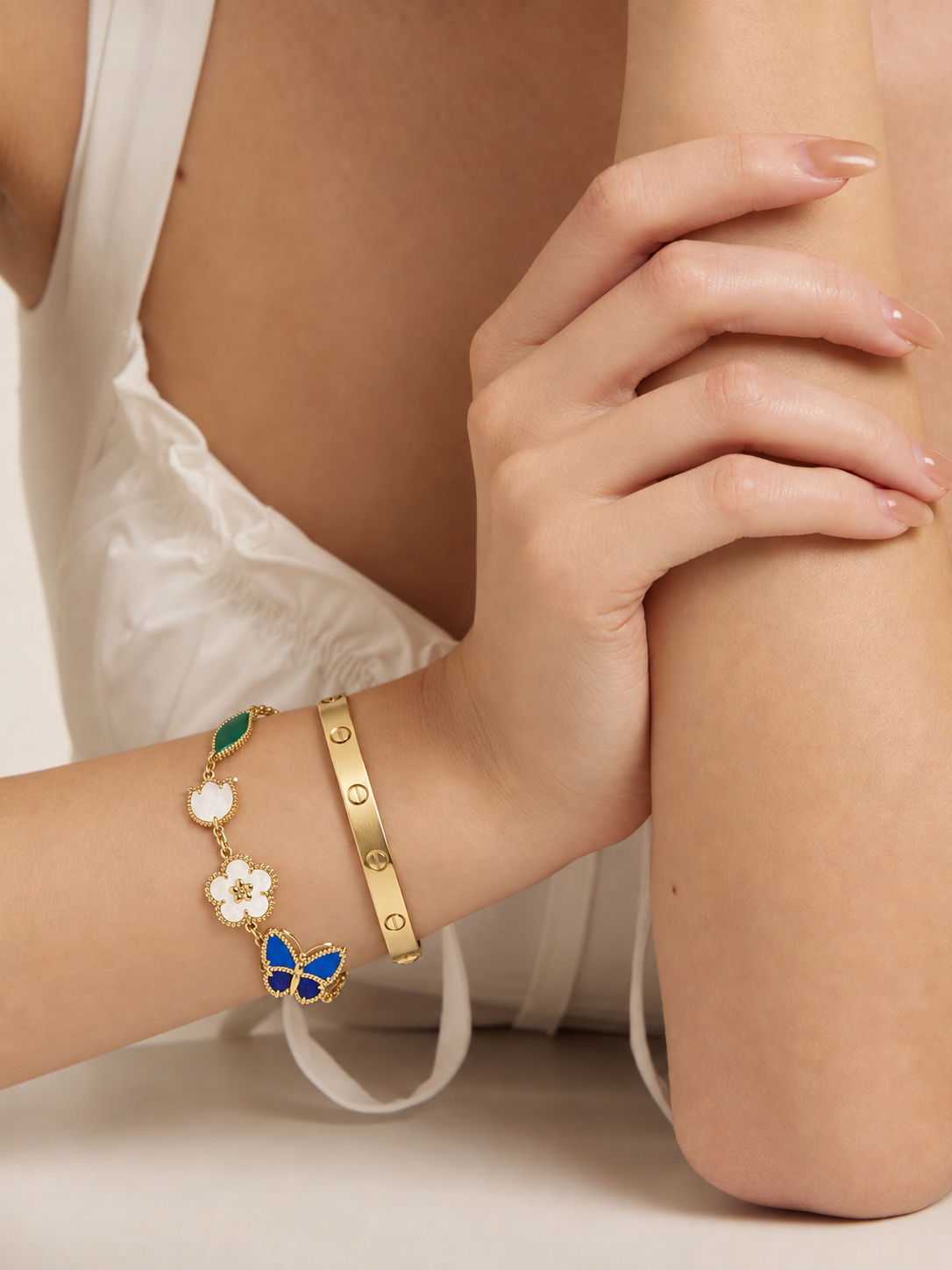 [ElanLuxe Jewelry] LOVE Brushed & Lucky Spring Butterfly 5-Motif Bracelet Stack Set