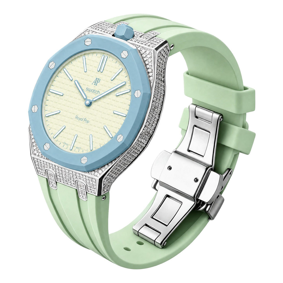 Strap For Ap Swatch Royal Oak Pop Exclusive Steel Case With Diamond(Moissanite) & Silicone Strap