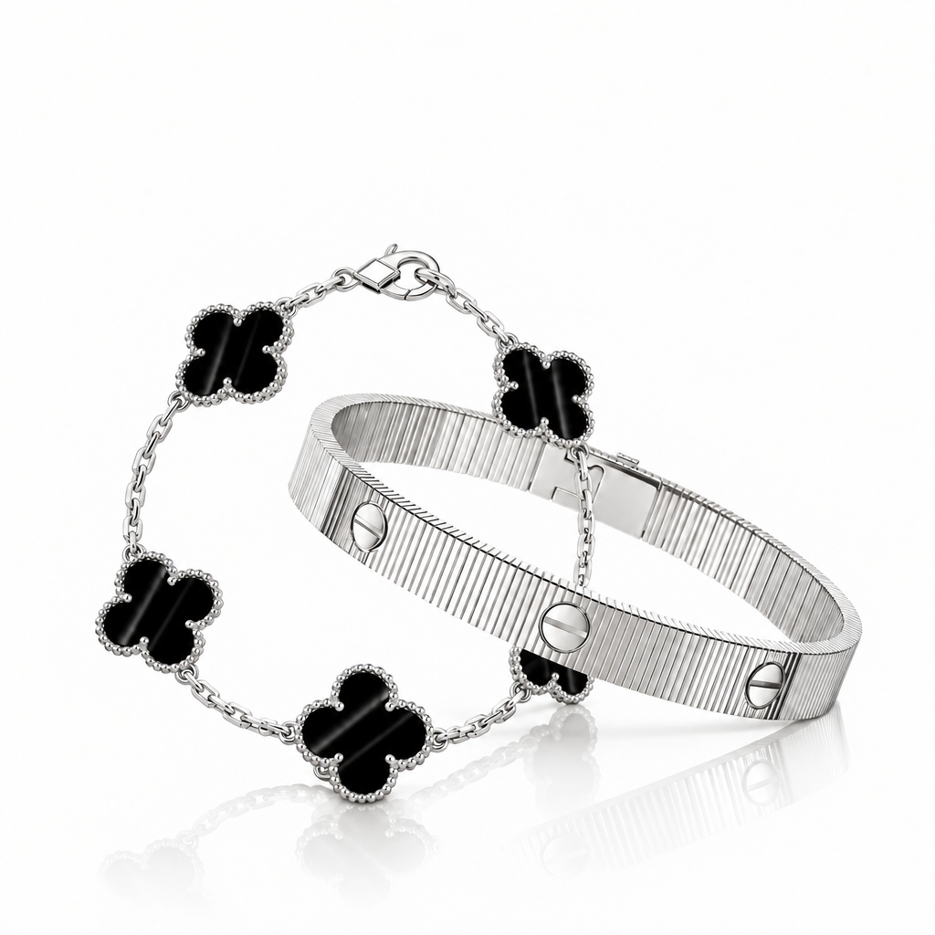 [ElanLuxe Jewelry] Clover 5-Motif & LOVE Unlimited Bracelet Set