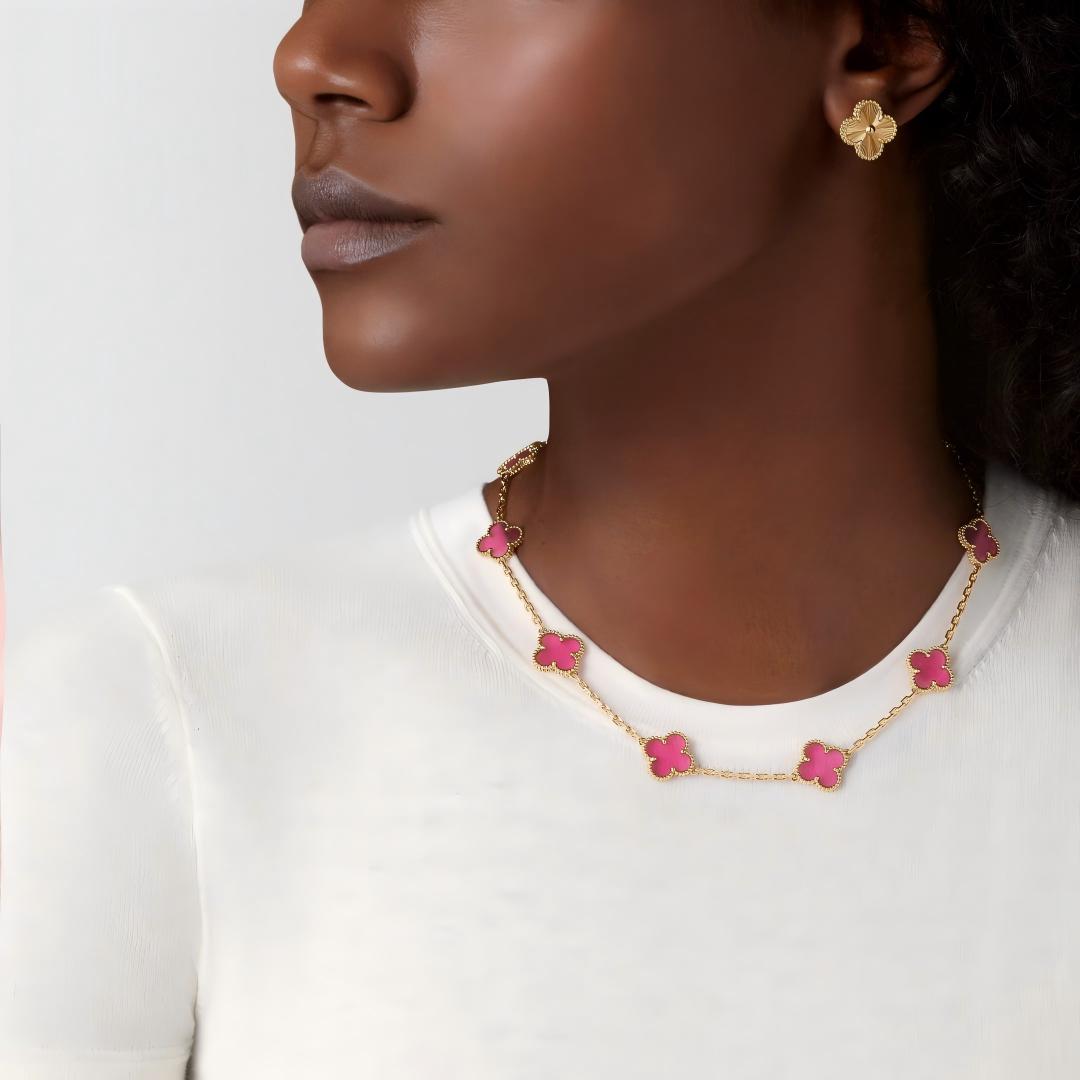 [ElanLuxe Jewelry]NEW CLOVER 10 MOTIFS PINK ENAMEL NECKLACE